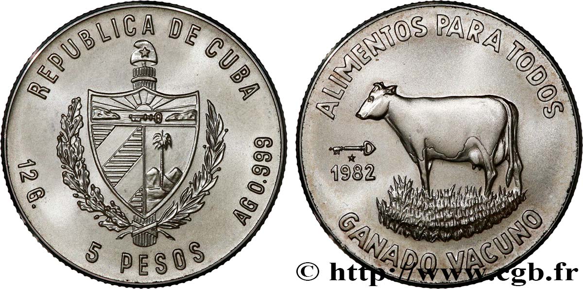 KUBA 5 Pesos série FAO : emblème / vache 1982  fST 