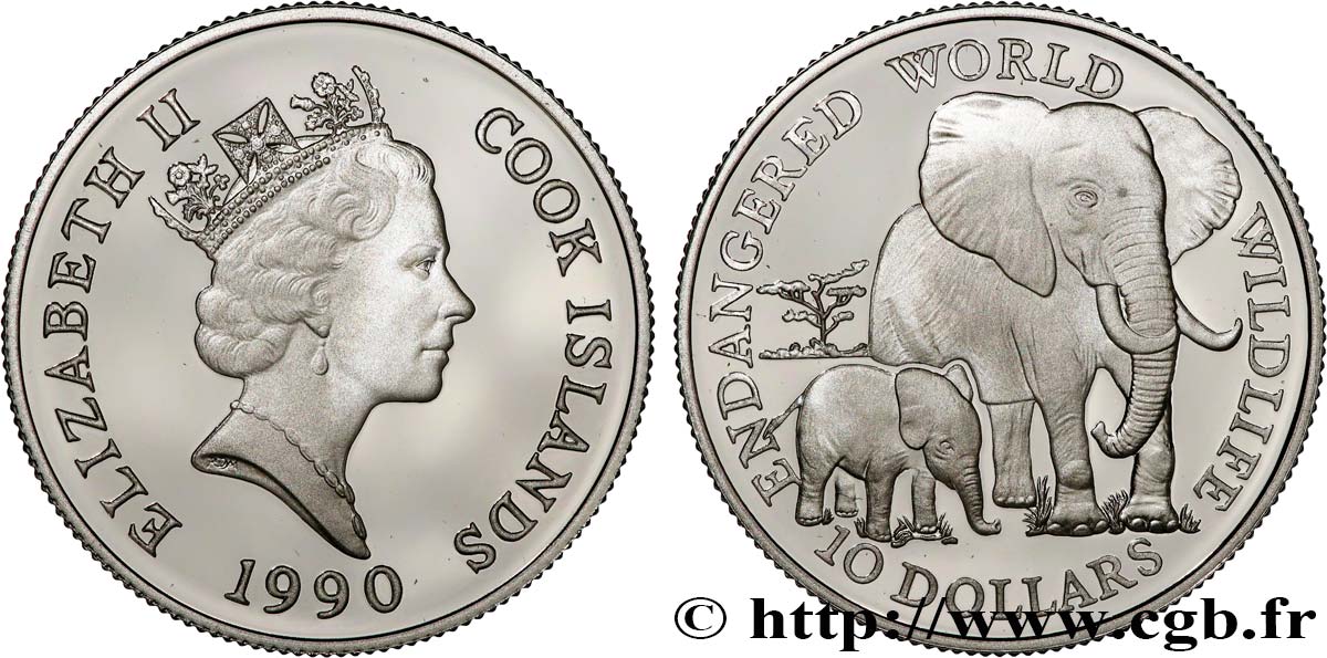 COOK INSELN 10 Dollars Proof Éléphants 1990  fST 