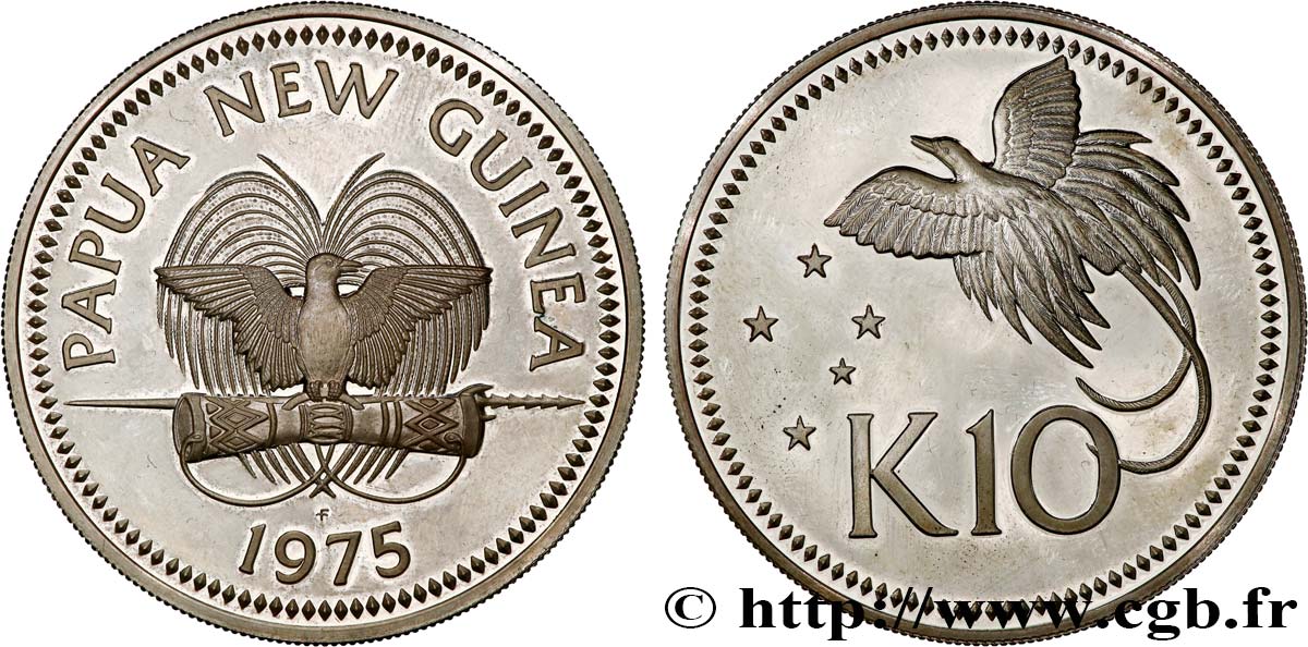 PAPOUASIE NOUVELLE GUINÉE 10 Kina Proof oiseau de paradis 1975 Franklin Mint SPL 