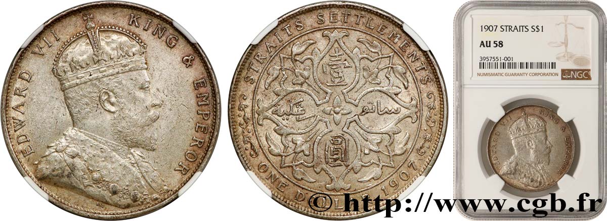MALASIA - COLONIAS DEL ESTRECHO 1 Dollar Edouard VII 1907 Bombay EBC58 NGC