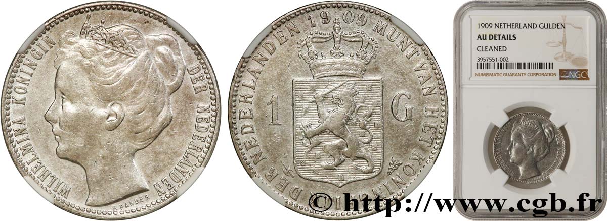 NETHERLANDS 1 Gulden Reine Wilhelmina 1909 Ucanneléetrecht AU NGC