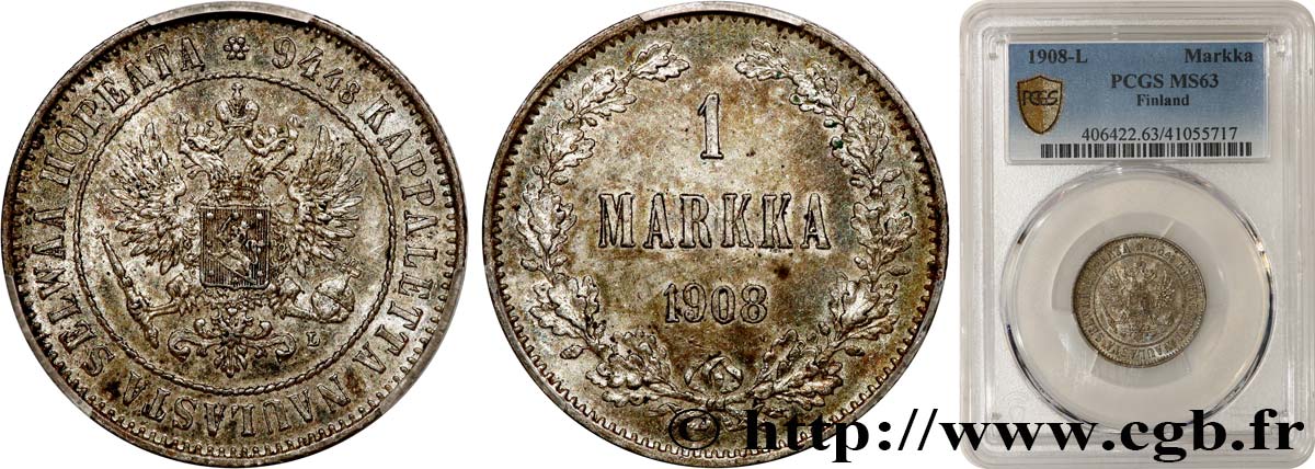 FINLANDIA 1 Markkaa 1908 Helsinki MS63 PCGS