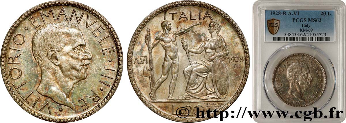 ITALY - KINGDOM OF ITALY - VICTOR-EMMANUEL III 20 Lire au licteur 1928 Rome MS62 PCGS