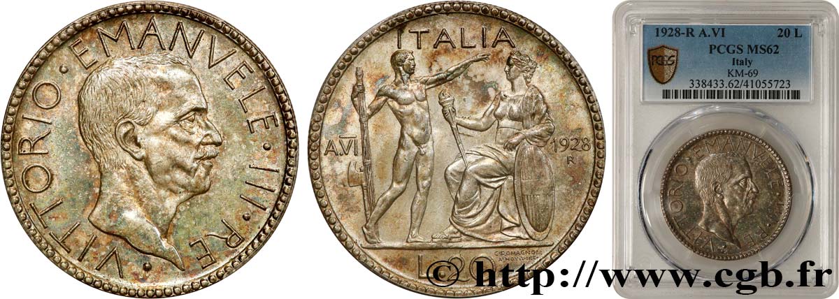 ITALIEN - ITALIEN KÖNIGREICH - VIKTOR EMANUEL III. 20 Lire au licteur 1928 Rome VZ62 PCGS