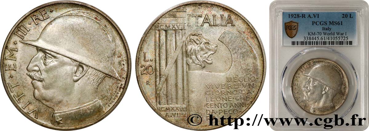 ITALY - KINGDOM OF ITALY - VICTOR-EMMANUEL III 20 Lire, 10e anniversaire de la fin de la Première Guerre mondiale 1928 Rome MS61 PCGS