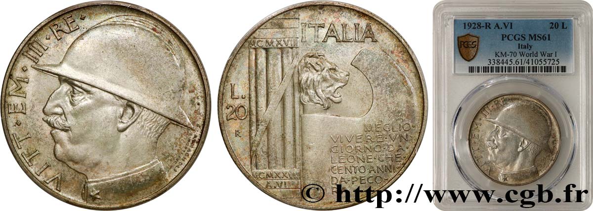 ITALIEN - ITALIEN KÖNIGREICH - VIKTOR EMANUEL III. 20 Lire, 10e anniversaire de la fin de la Première Guerre mondiale 1928 Rome VZ61 PCGS