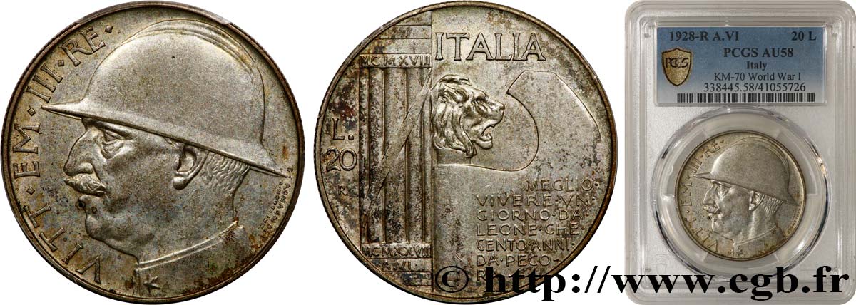 ITALIE - ROYAUME D ITALIE - VICTOR-EMMANUEL III 20 Lire, 10e anniversaire de la fin de la Première Guerre mondiale 1928 Rome SUP58 PCGS