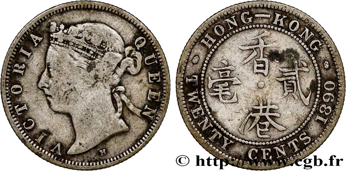 HONG KONG 20 Cents Victoria 1890  VF 
