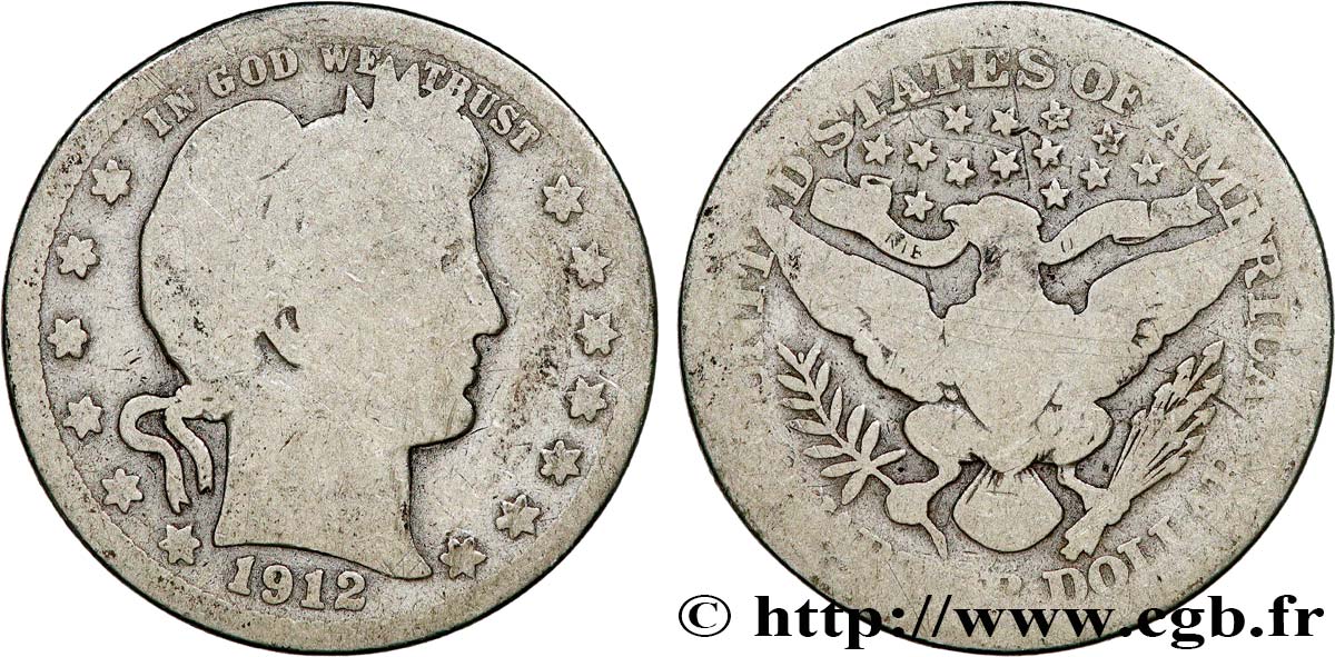 ÉTATS-UNIS D&nbsp;AMÉRIQUE 1/4 Dollar Barber 1912 Philadelphie B+ 