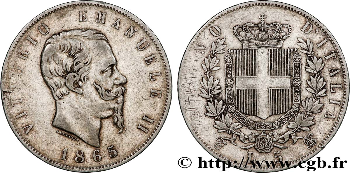 ITALIE - ROYAUME D ITALIE - VICTOR-EMMANUEL II 5 Lire 1865 Turin TTB 