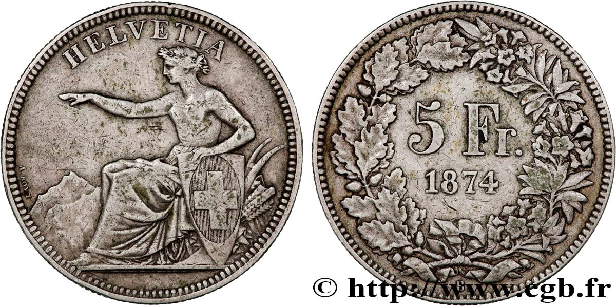 SUISSE 5 Francs Helvetia assise 1874 Bruxelles TTB 