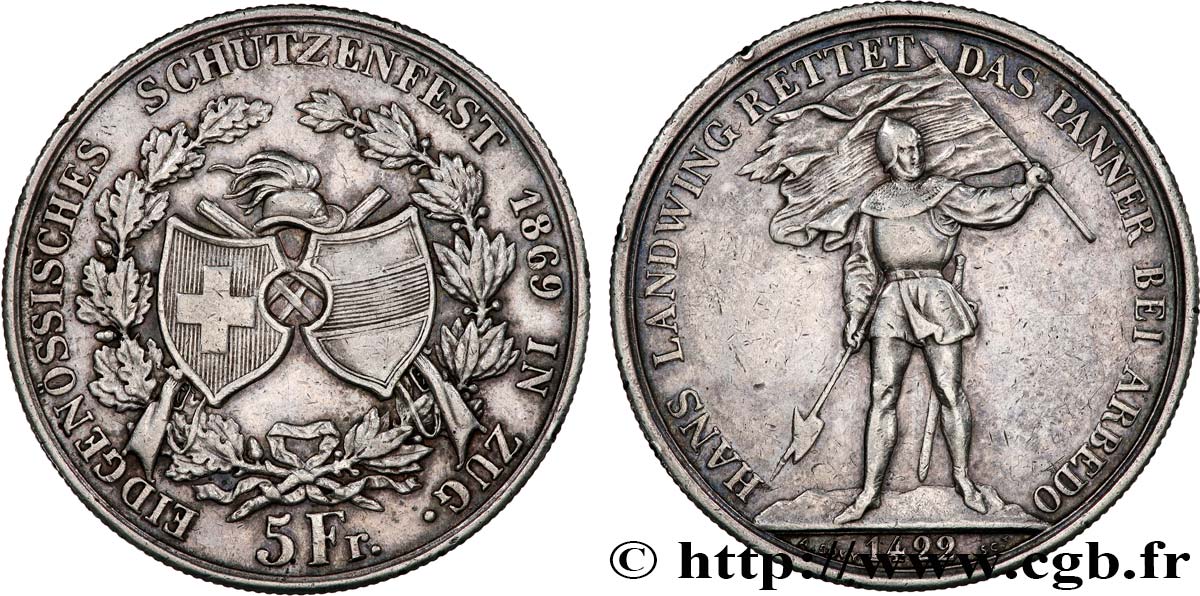 SUISSE 5 Francs, monnaie de Tir, Zoug 1869  TTB 