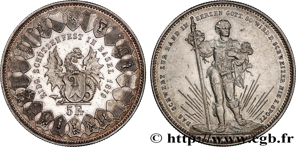 SCHWEIZ 5 Francs, monnaie de Tir, Bâle 1879  fVZ 