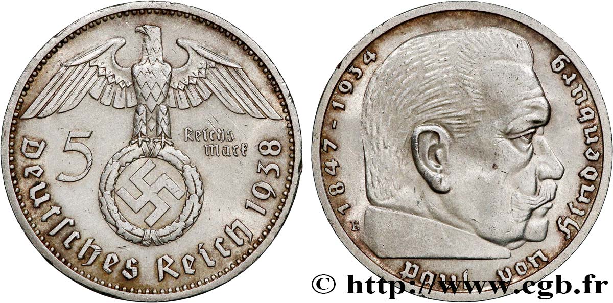 ALLEMAGNE 5 Reichsmark Maréchal Paul von Hindenburg 1938 Muldenhütten - E TTB+ 