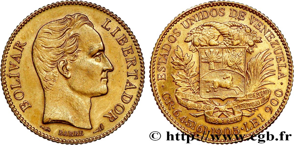 VENEZUELA 20 Bolivares Simon Bolivar 1905 Paris q.SPL 