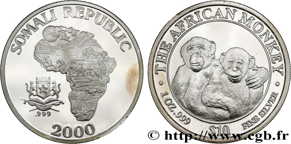 SOMALIE 10 Dollars Proof Chimpanzés 2000  SPL 