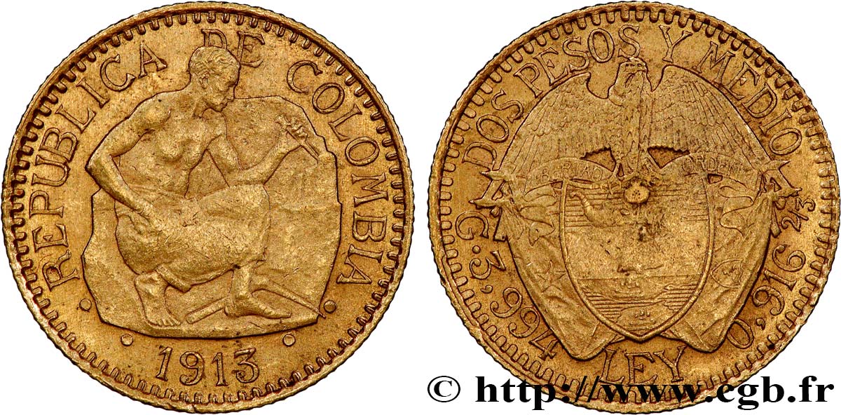 COLOMBIE 2 1/2 Pesos 1913 Bogota TB+ 
