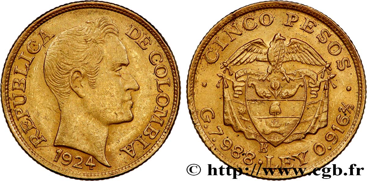 COLOMBIA 5 Pesos or type grosse tête Simon Bolivar 1924 Bogota MBC+ 