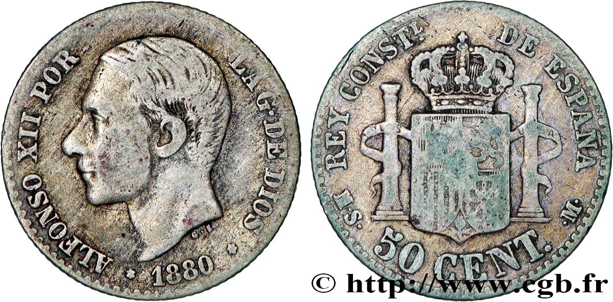 ESPAÑA 50 Centimos Alphonse XII 1880 Madrid MBC 