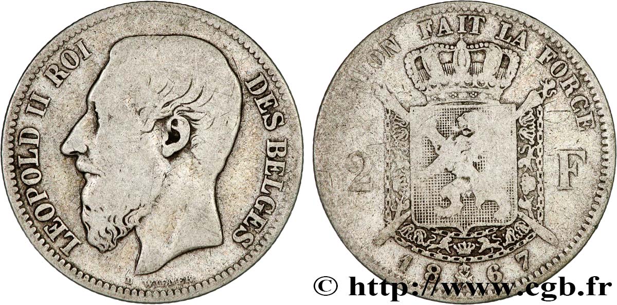 BELGIQUE 2 Francs Léopold II légende française 1867  TB 