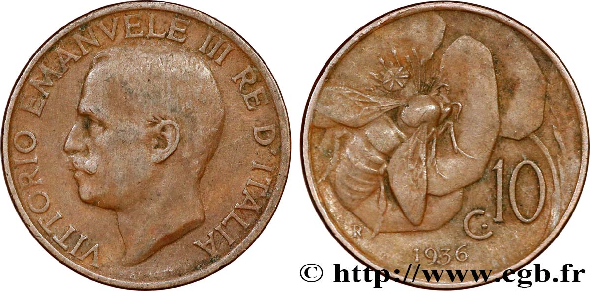 ITALIE 10 Centesimi Victor Emmanuel III 1936 Rome - R TB+ 