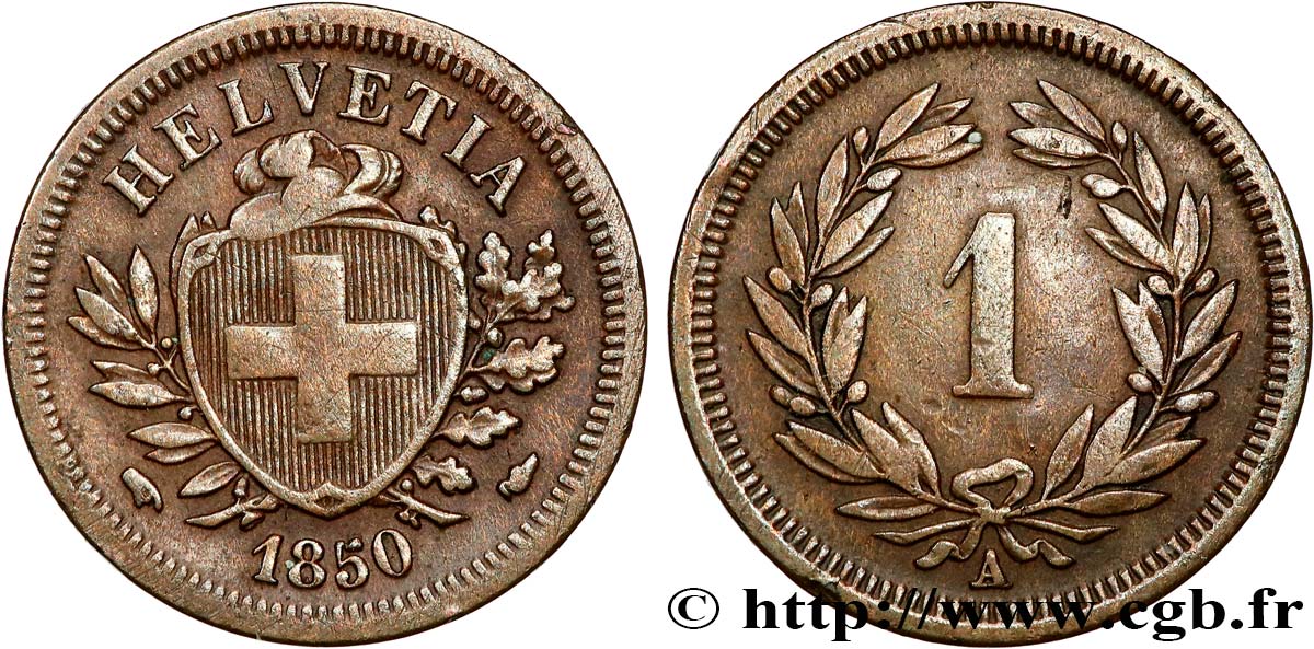 SWITZERLAND 1 Centime Croix Suisse 1850 Paris XF 