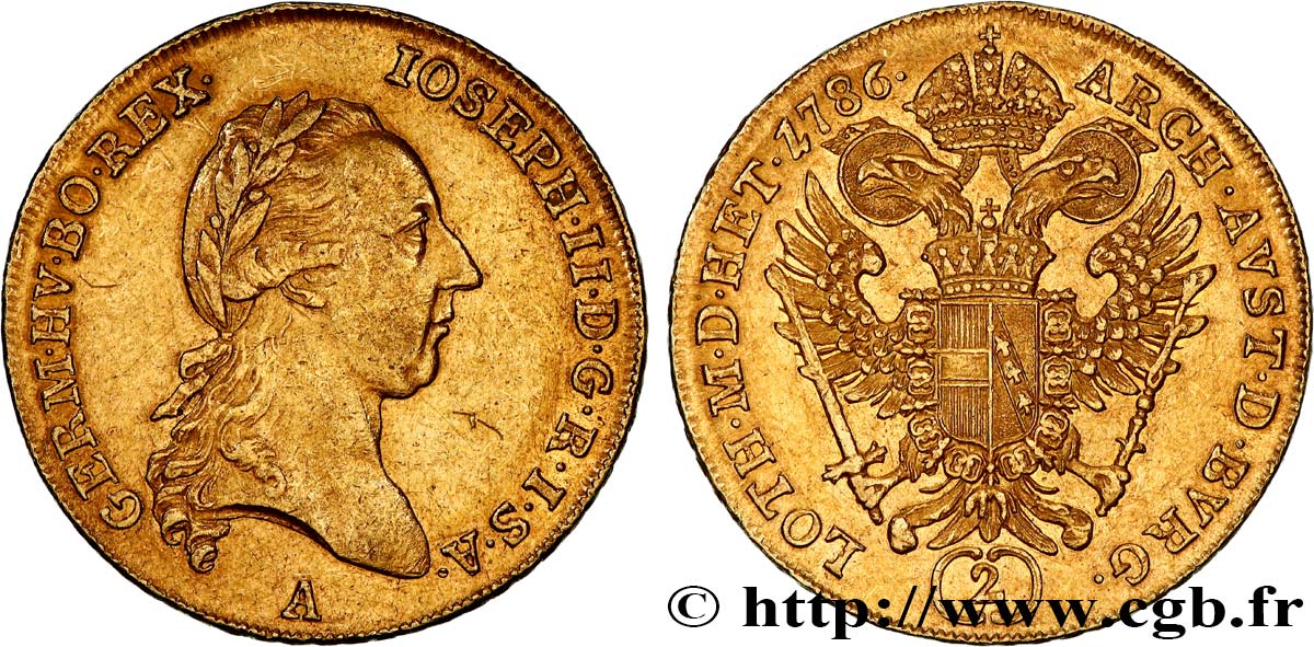 AUTRICHE - JOSEPH II 2 Ducat d or 1786 Vienne MBC/MBC+ 