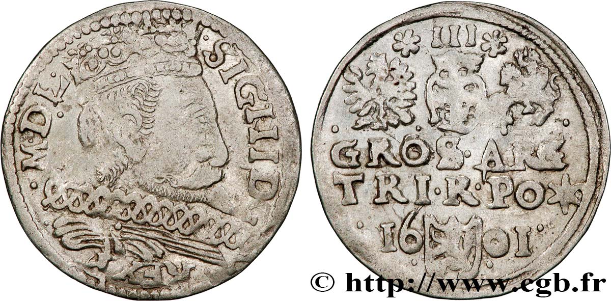POLONIA - SIGISMUNDO III VASA Trois groschen ou trojak koronny 1601 Cracovie MBC 
