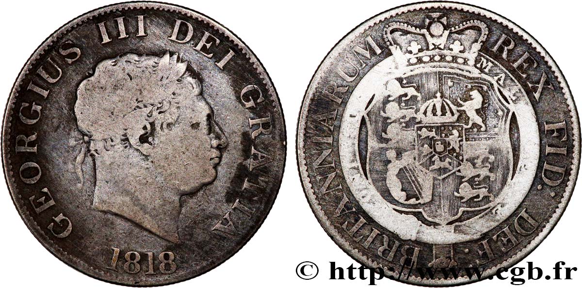 ROYAUME-UNI 1/2 Crown Georges III type à la petite tête / emblème 1818  TB 