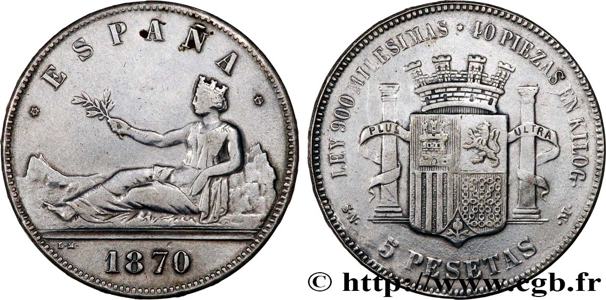 SPAIN 5 Pesetas 1870 Madrid VF 