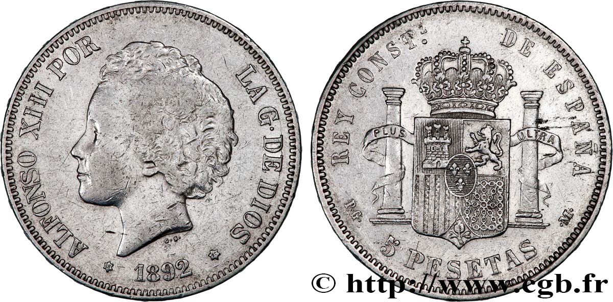 SPAIN 5 Pesetas Alphonse XIII 2e type 1892 Madrid VF 