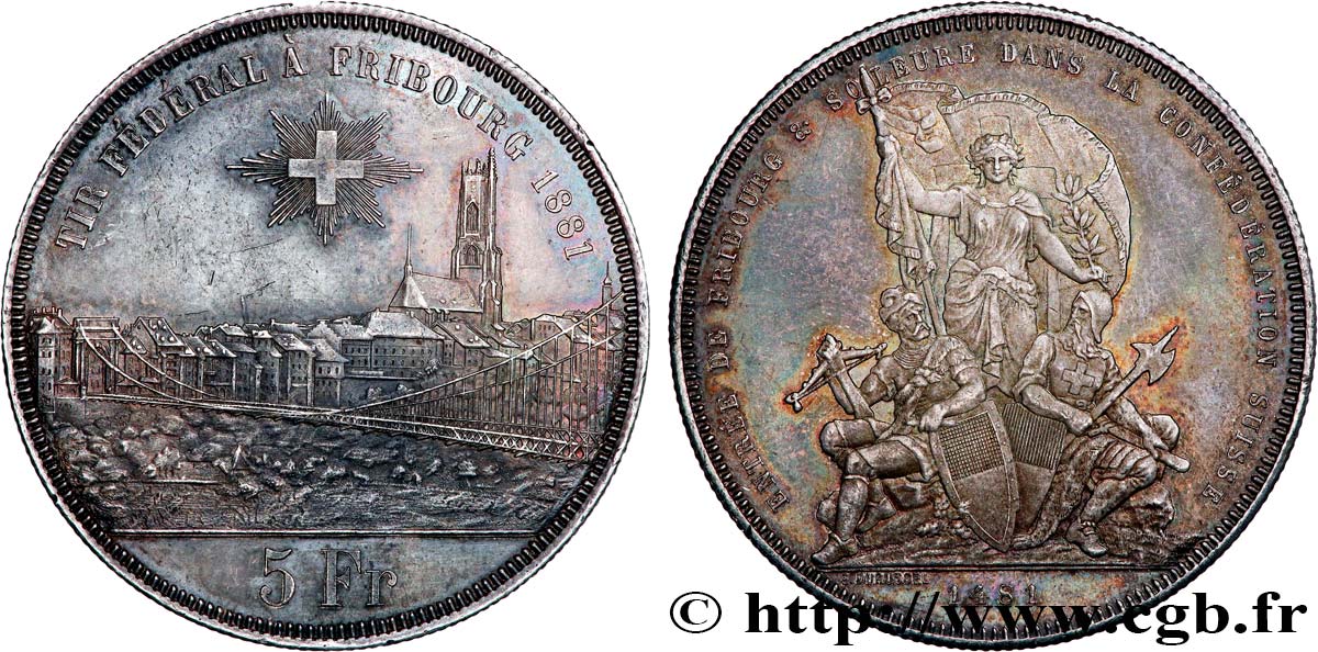 SUISSE 5 Francs, monnaie de Tir, Fribourg 1881  TTB+ 