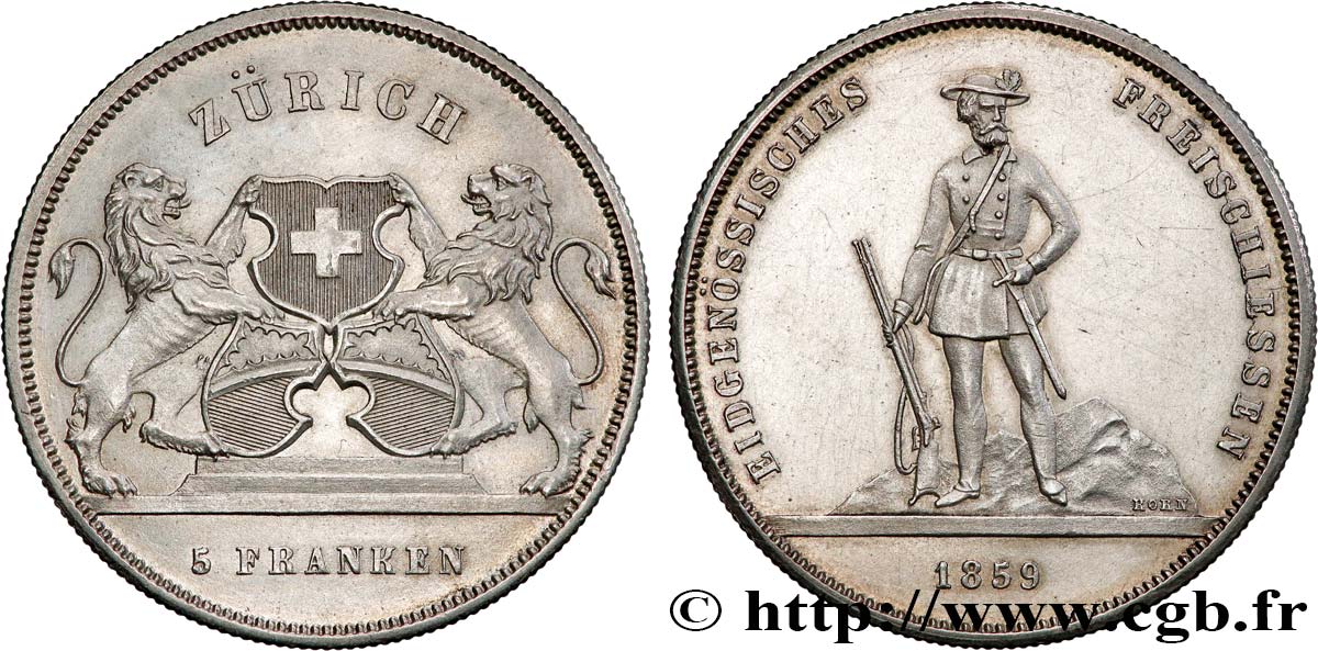 SVIZZERA - CANTON ZURIGO 5 Franken Tir de Zurich 1859  SPL 