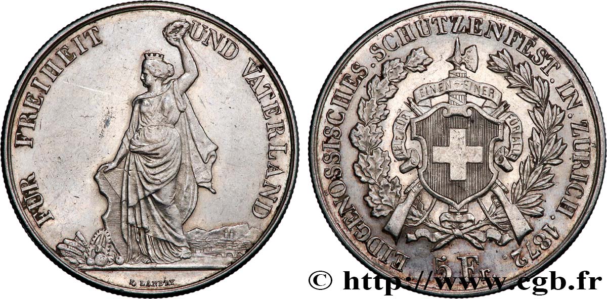 SWITZERLAND - HELVETIC CONFEDERATION 5 Franken, concours de tir de Zurich 1872  BB 