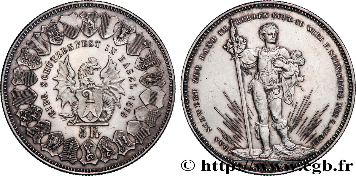 SWITZERLAND 5 Francs, monnaie de Tir, Bâle 1879  AU 