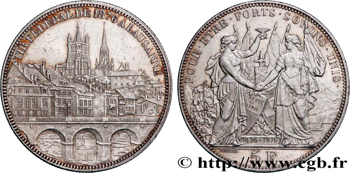 SUISSE 5 Francs, monnaie de Tir, Lausanne 1876  TTB 