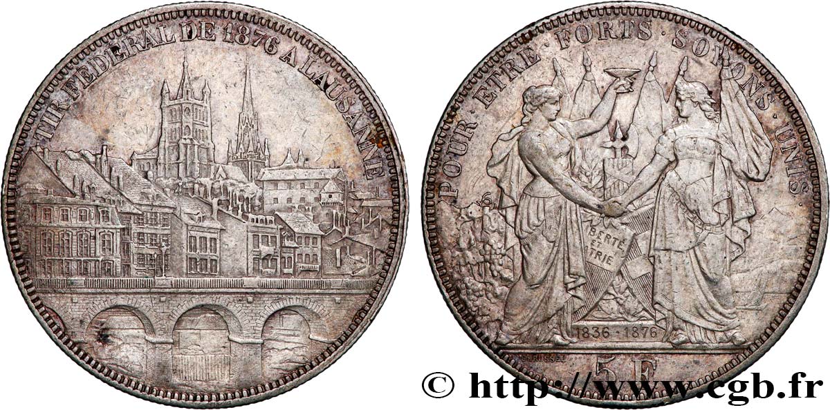 SUISSE 5 Francs, monnaie de Tir, Lausanne 1876  TTB 