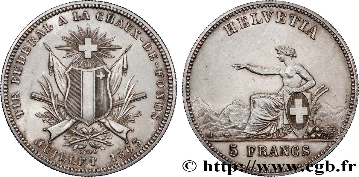 SCHWEIZ 5 Francs Tir fédéral de la Chaux-de-Fond 1863  fVZ 