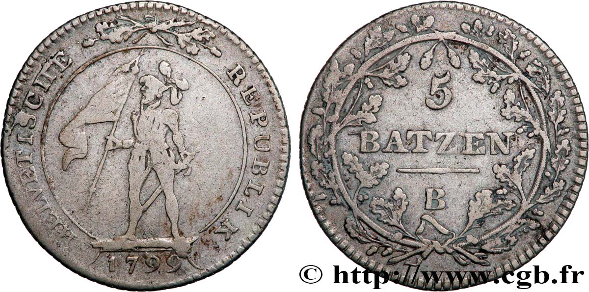 SUISSE - RÉPUBLIQUE HELVÉTIQUE 5 Batzen 1799 Berne TB+ 