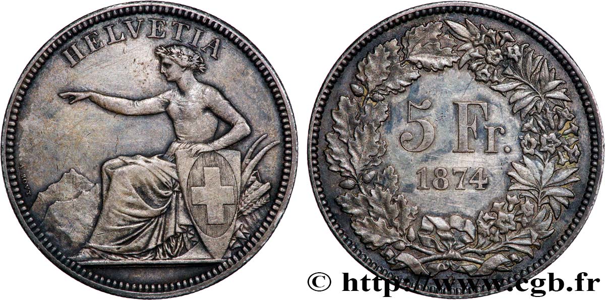 SUISSE 5 Francs Helvetia assise 1874 Bruxelles TTB 