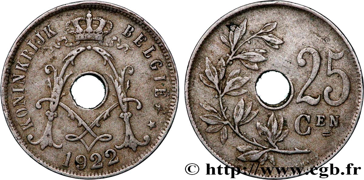 BELGIUM 25 Centiemen (Centimes) 1922  XF 