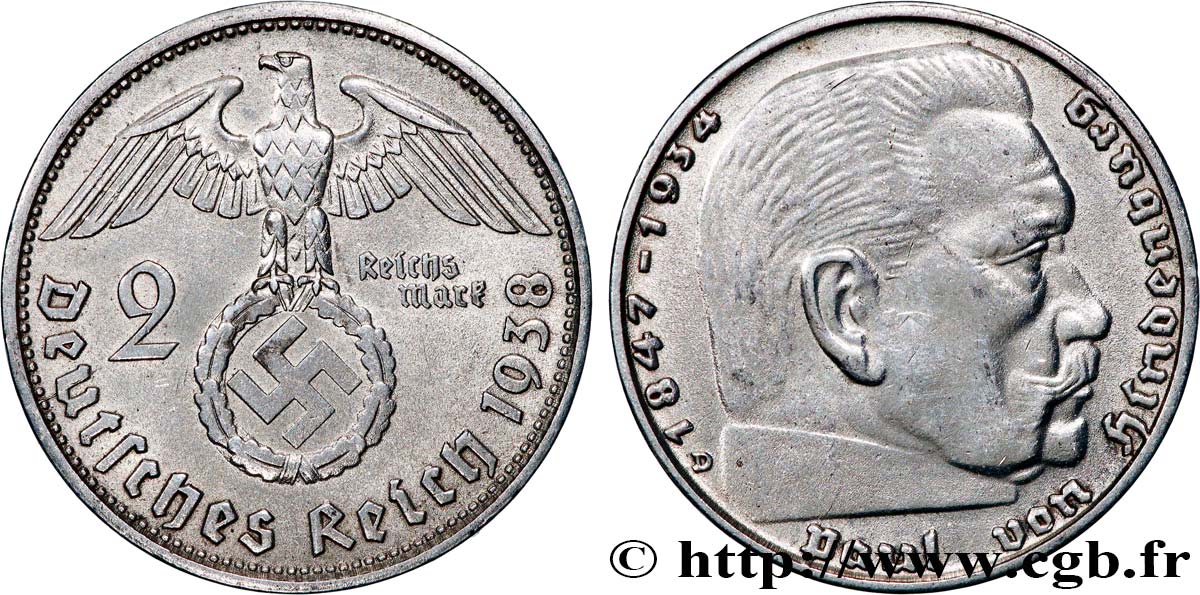 ALLEMAGNE 2 Reichsmark Maréchal Paul von Hindenburg 1938 Munich TTB 