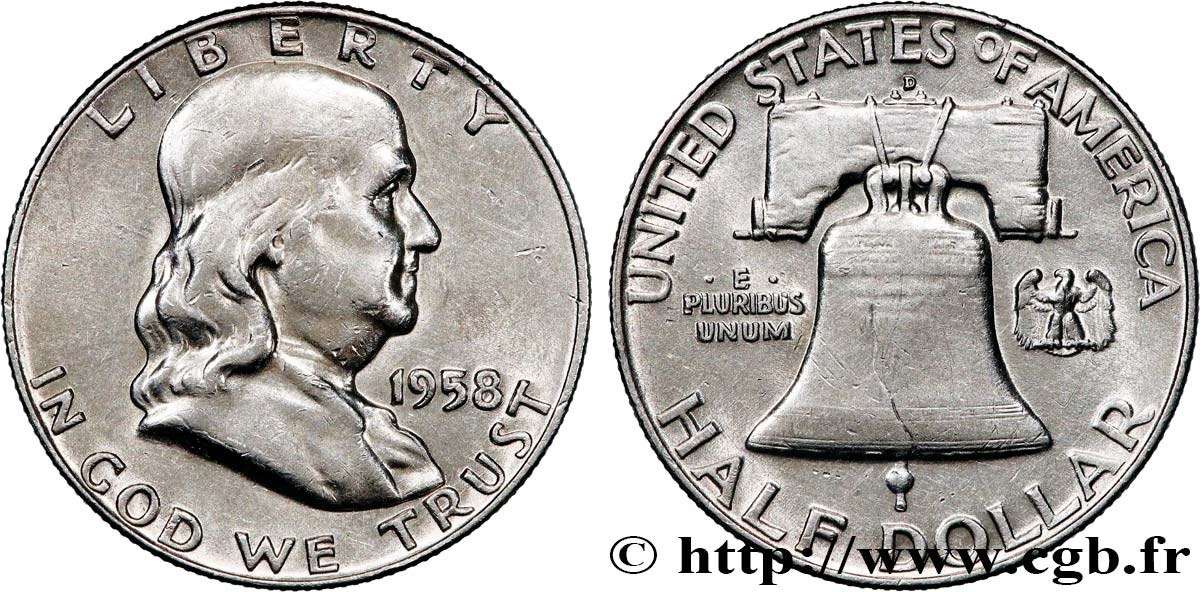 UNITED STATES OF AMERICA 1/2 Dollar Benjamin Franklin 1958 Denver VF 