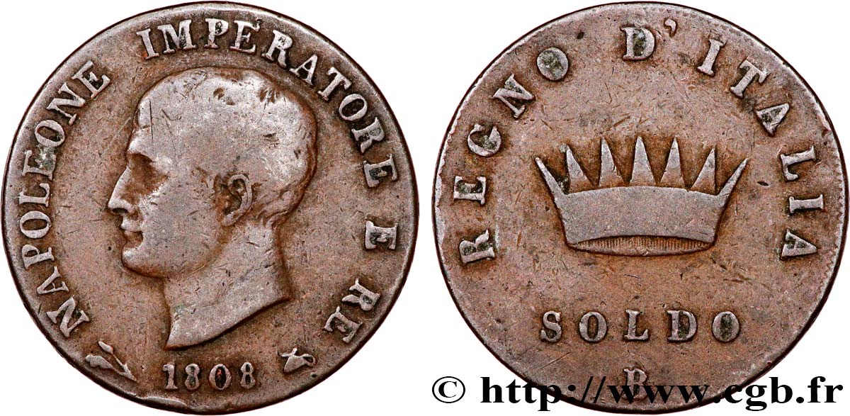 ITALIA - REINO DE ITALIA - NAPOLEóNE I 1 Soldo 1808 Bologne BC 