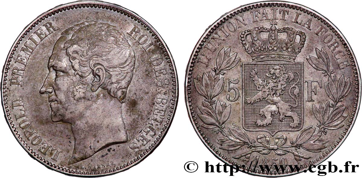 BELGIQUE 5 Francs Léopold Ier 1850  TTB 