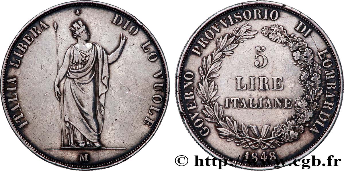 ITALIE - LOMBARDIE 5 Lire Gouvernement provisoire de Lombardie 1848 Milan TTB 