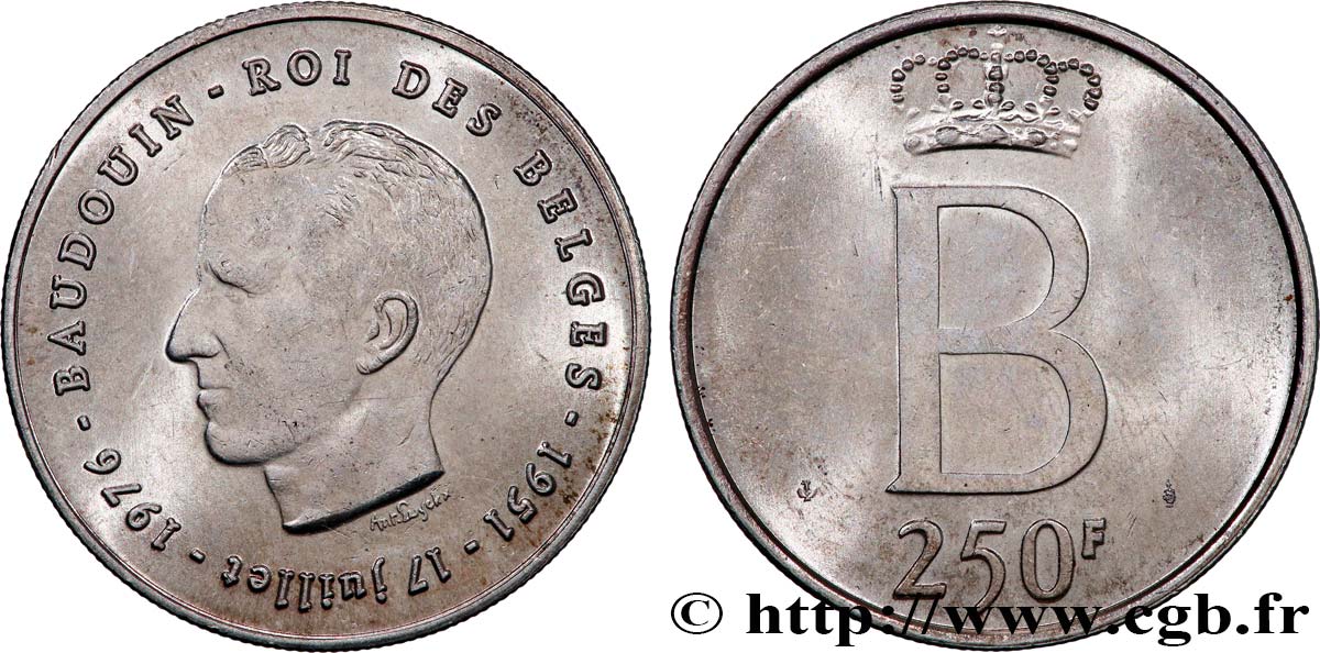 BELGIQUE 250 Francs jubilé d’argent du roi Baudouin légende française 1976 Bruxelles SUP 