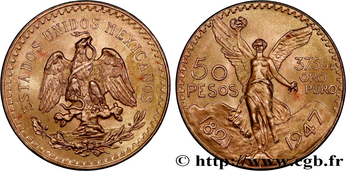 OR D INVESTISSEMENT 50 Pesos or 1947 Mexico SUP 
