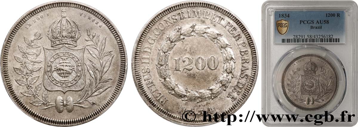 BRÉSIL - EMPIRE DU BRÉSIL - PIERRE II 1200 Reis 1834  SUP58 PCGS