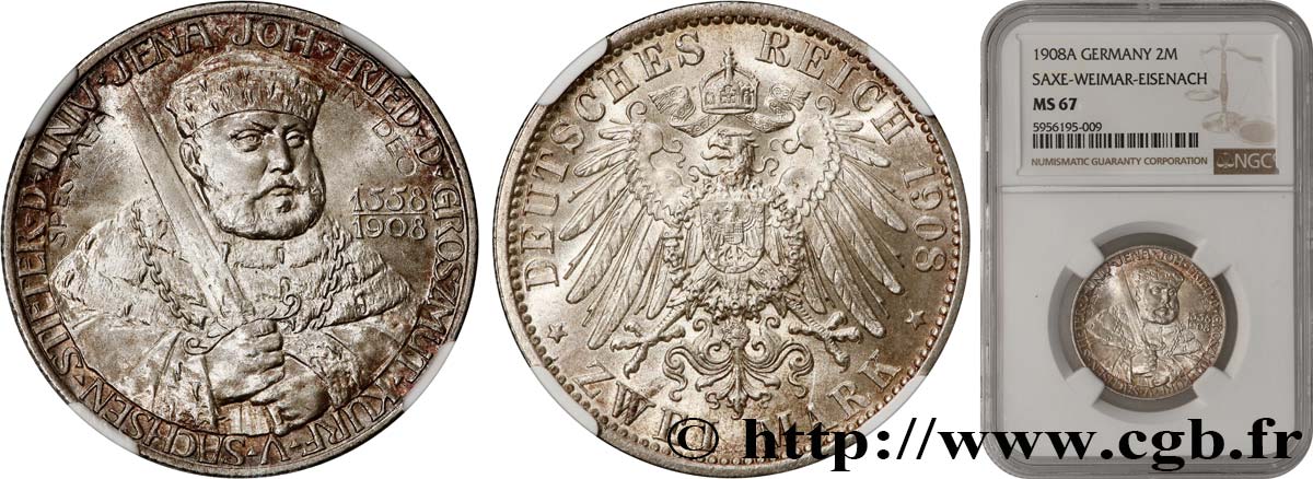 GERMANY - SAXONY-WEIMAR-EISENACH 2 Mark 350e Anniversaire de l’université d’Iéna 1908 Berlin MS67 NGC